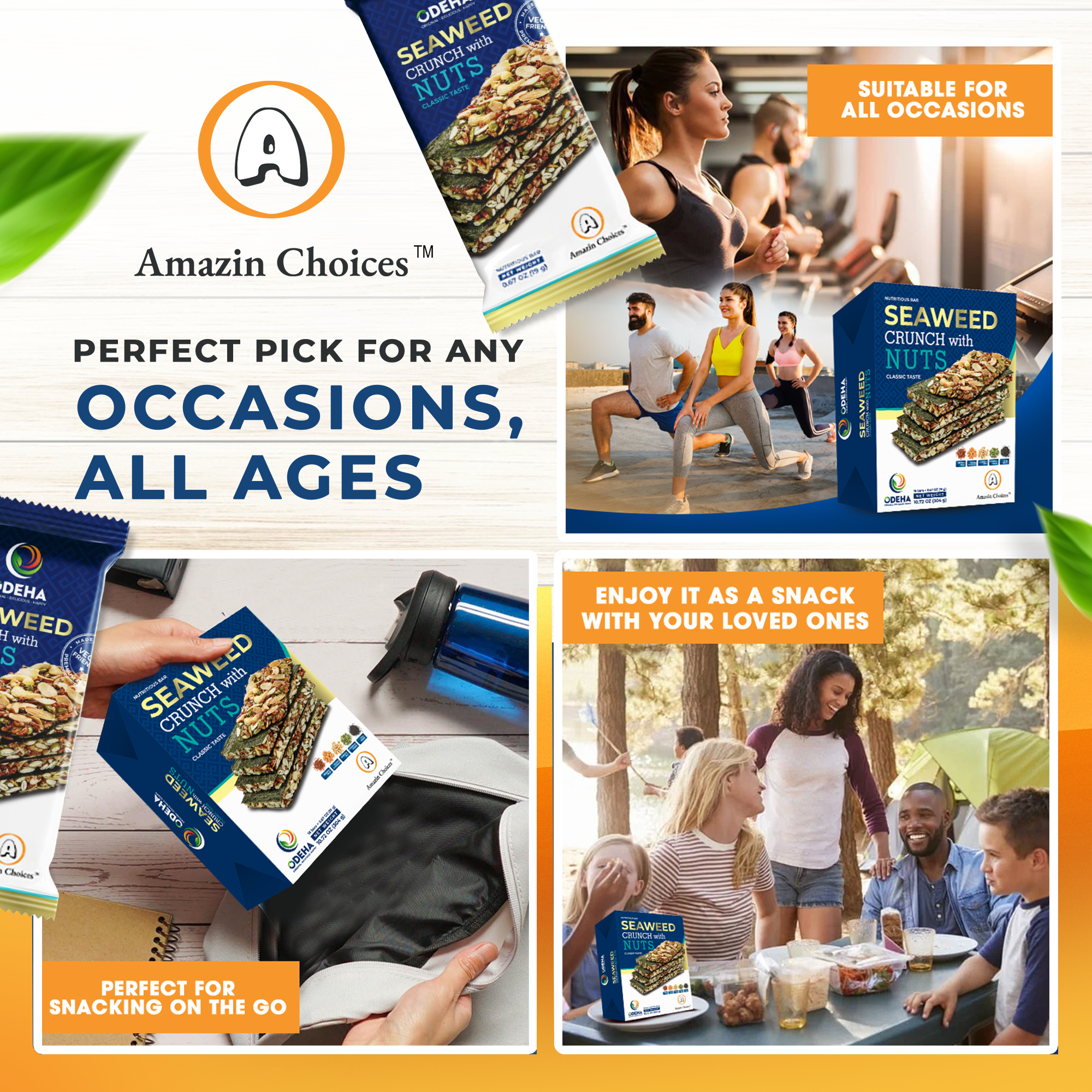 Amazin Choices Premium Seaweed & Nut Snack Bars (2 Boxes, 32 Bars) with a Vietnamese Snack Gift Set: Soft Dried Spicy Mango, Soft Dried Guava & Coconut Crisps
