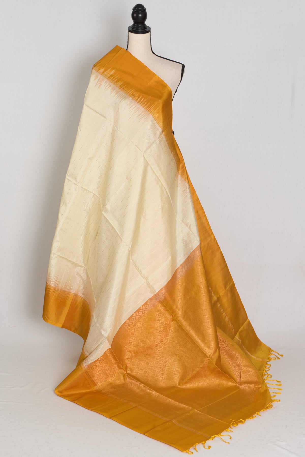 Priya : Cream & Mustard Yellow Pure Silk Kanjivaram Saree | Silk Mark Certified