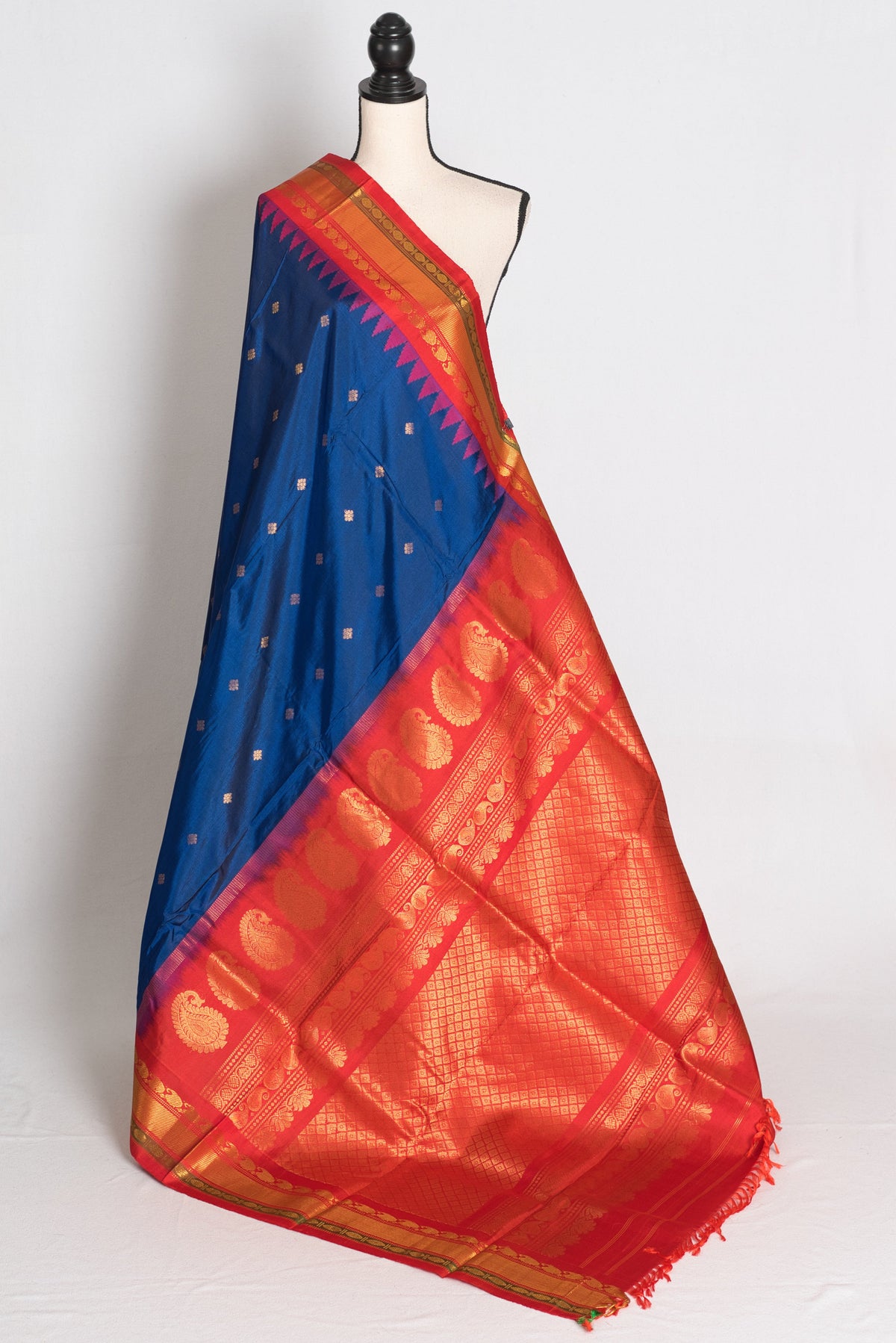 Pooja: Deep Peacock Blue Handloom Gadwal Pure Silk Saree with Red & Gold Zari