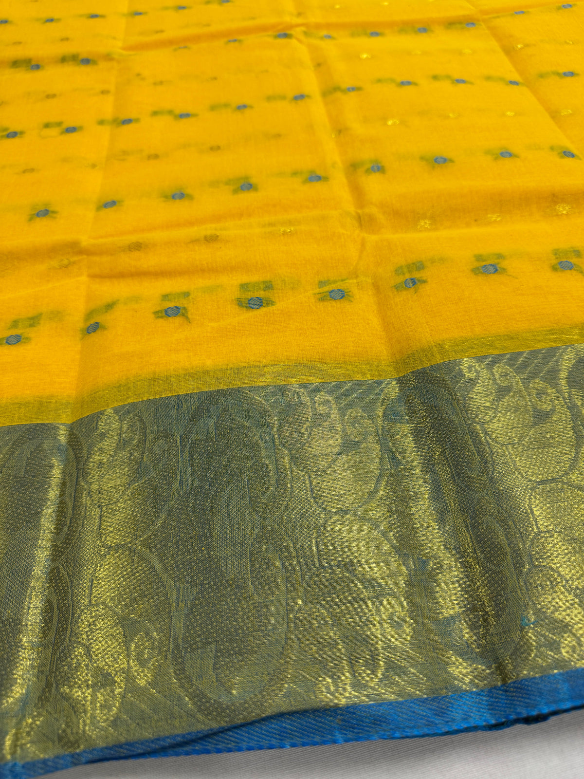 Mrittika : Yellow and Blue Bengal Handloom Pure Cotton Tant Saree