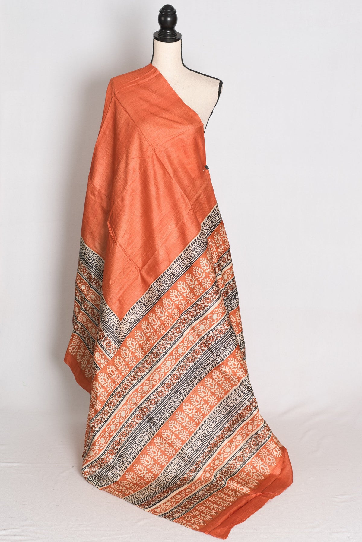 Indu : Orange Block Printed Pure Tussar Silk Saree with 38 Size Blouse