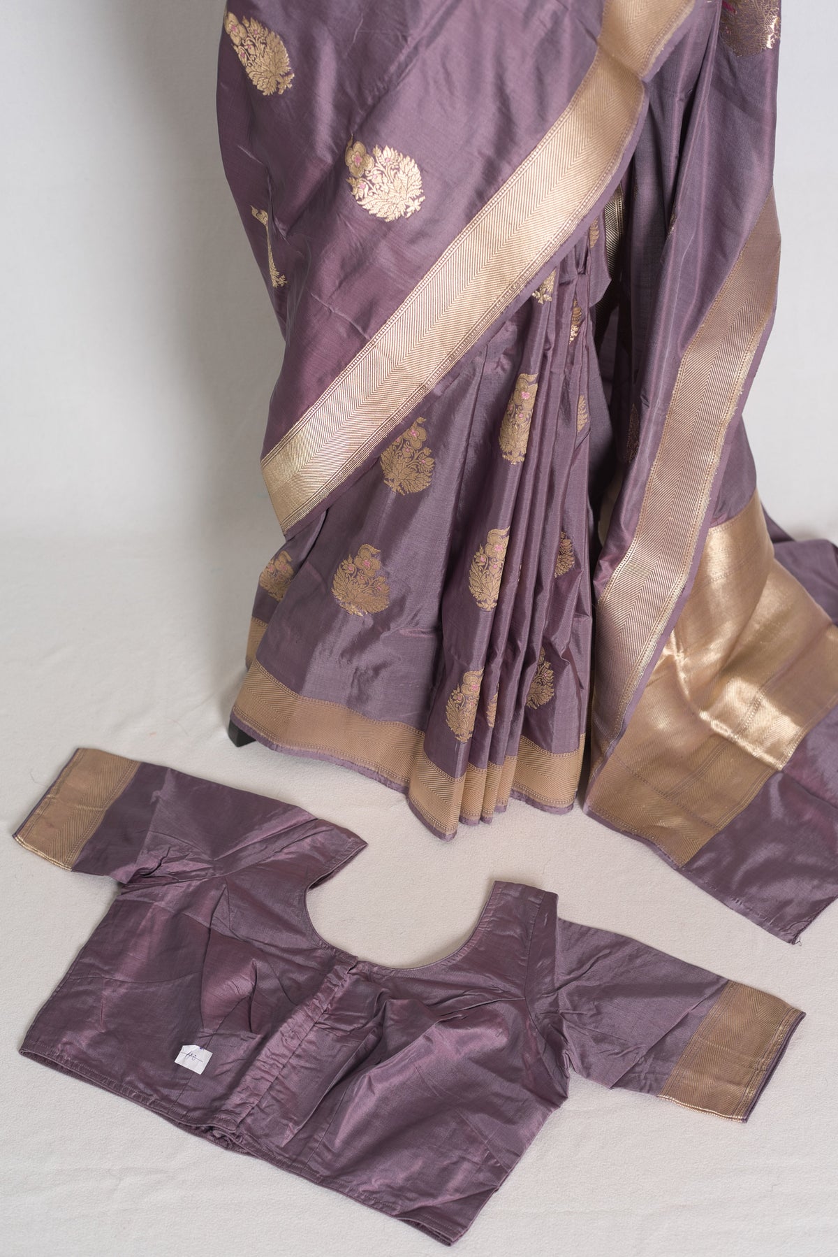 Sudha: Mauve and Gold Banarasi Katan Silk Saree with 40 Size Stitched Blouse