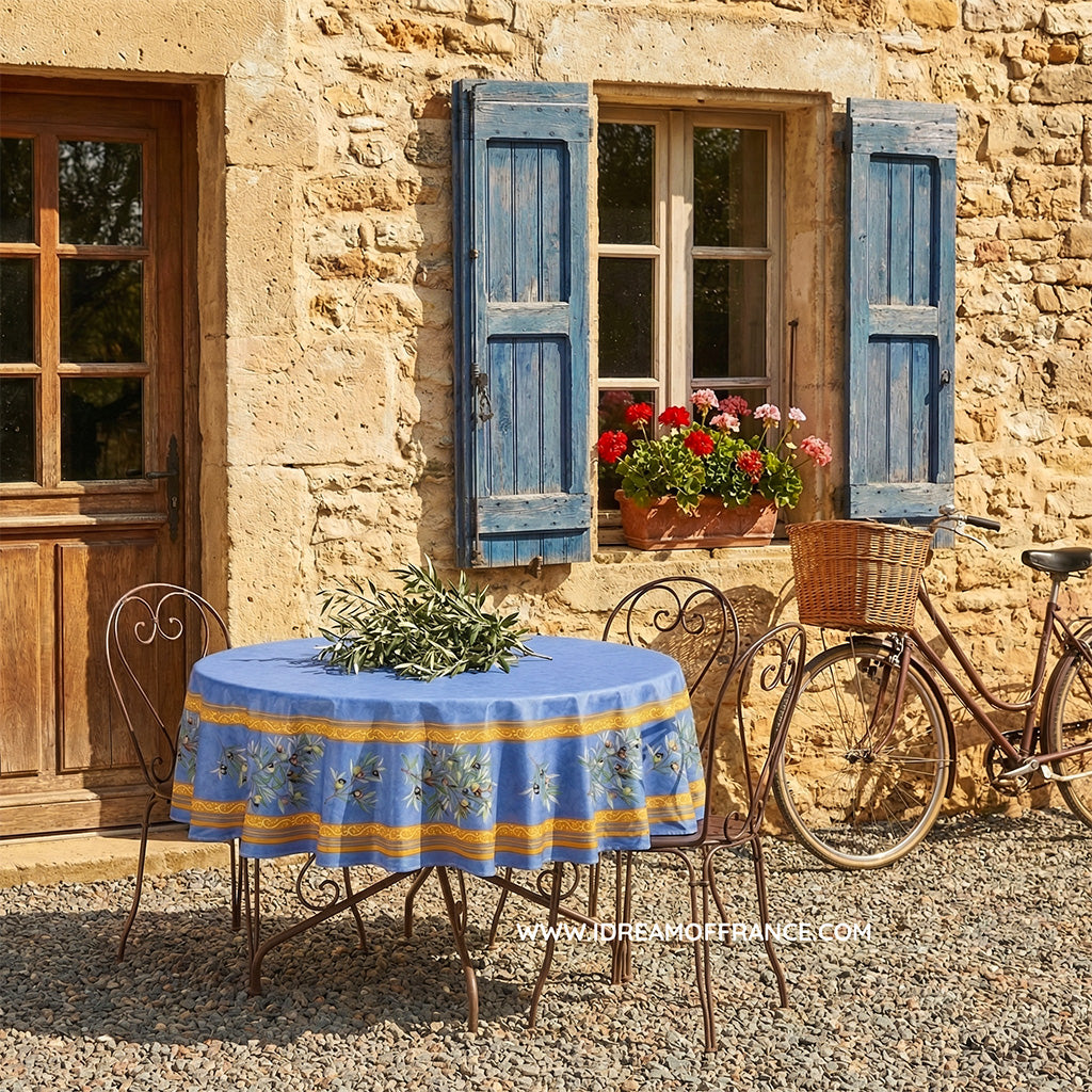 70" Round Clos des Oliviers Blue French Tablecloths by Label France