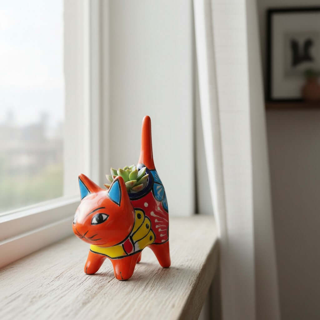 Colorful Talavera Cat Planter | Mexican Ceramic Art