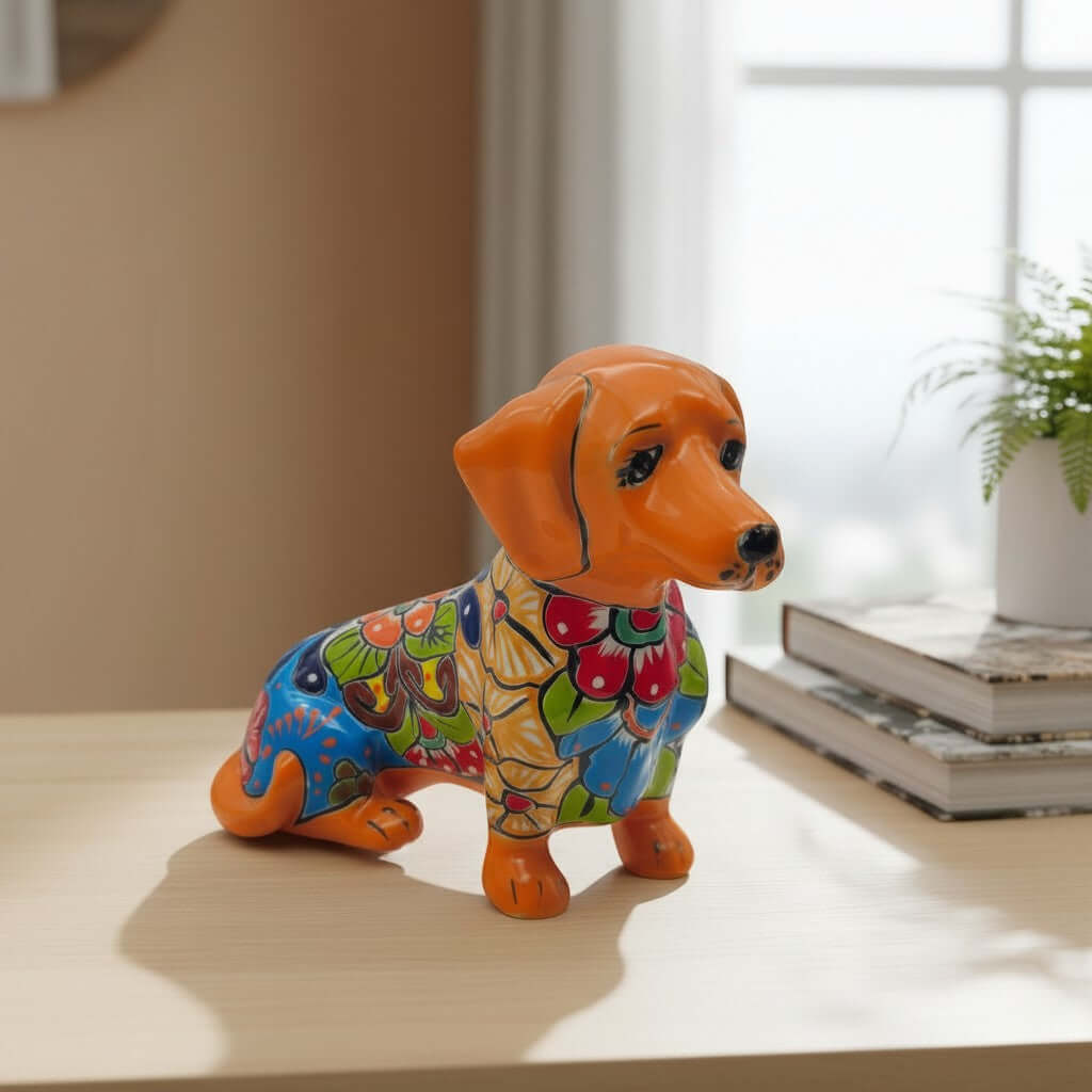 Colorful Talavera Dachshund | Mexican Ceramic Dog Figurine
