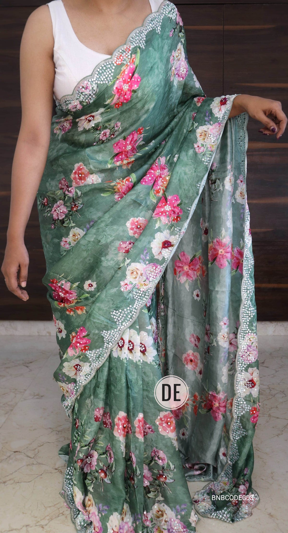 Cowkadi Flowers Buta Print Designer Satin Silk Saree