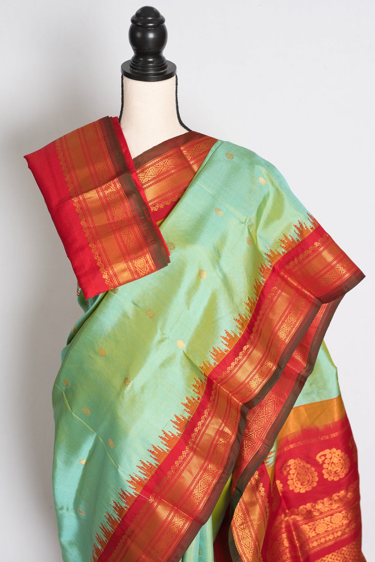 Girija : Sea Green and Red Handwoven Pure Gadwal Silk Saree