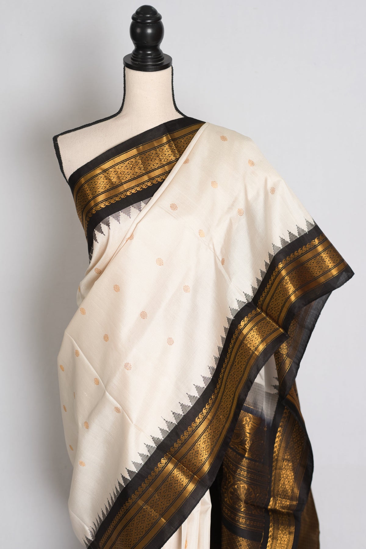 Sabina : Off White and Black Handwoven Gadwal Silk Saree with Gold Zari