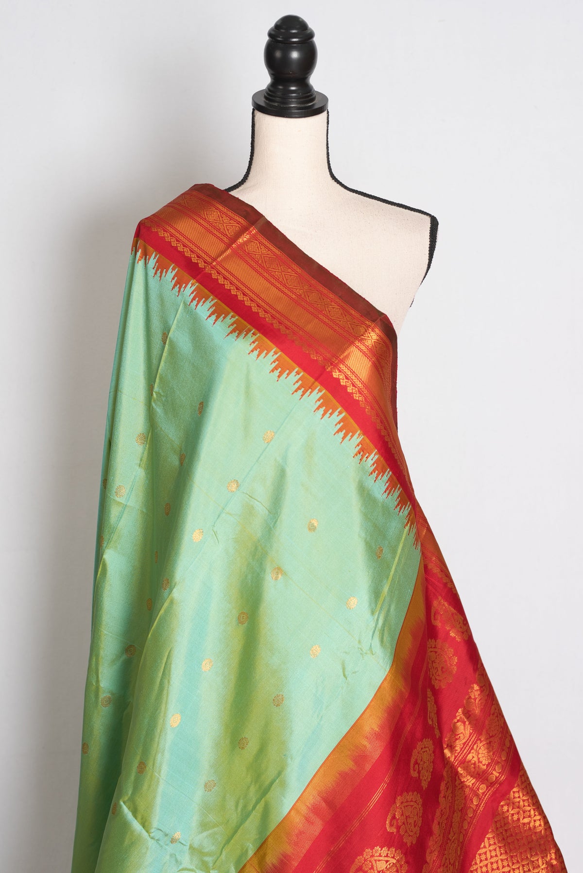 Girija : Sea Green and Red Handwoven Pure Gadwal Silk Saree