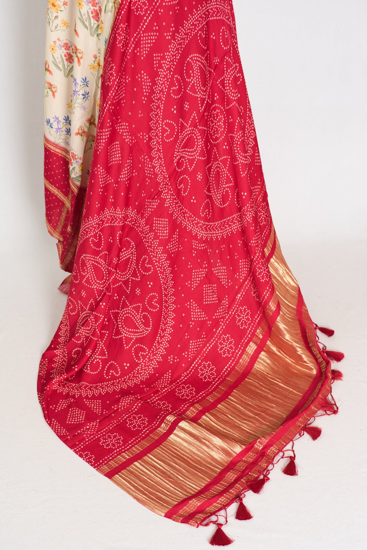 Mehuli | Cream & Rosy Red Modal Silk Saree | Gharchola & Bandhani Print
