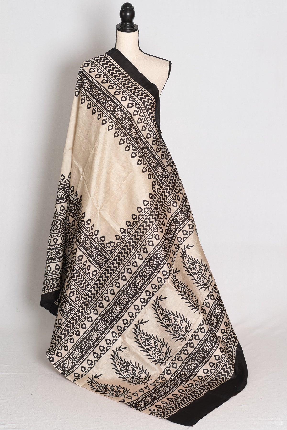 Nandini | Off-White & Black 3-Ply Murshidabad Block Printed Pure Silk Saree