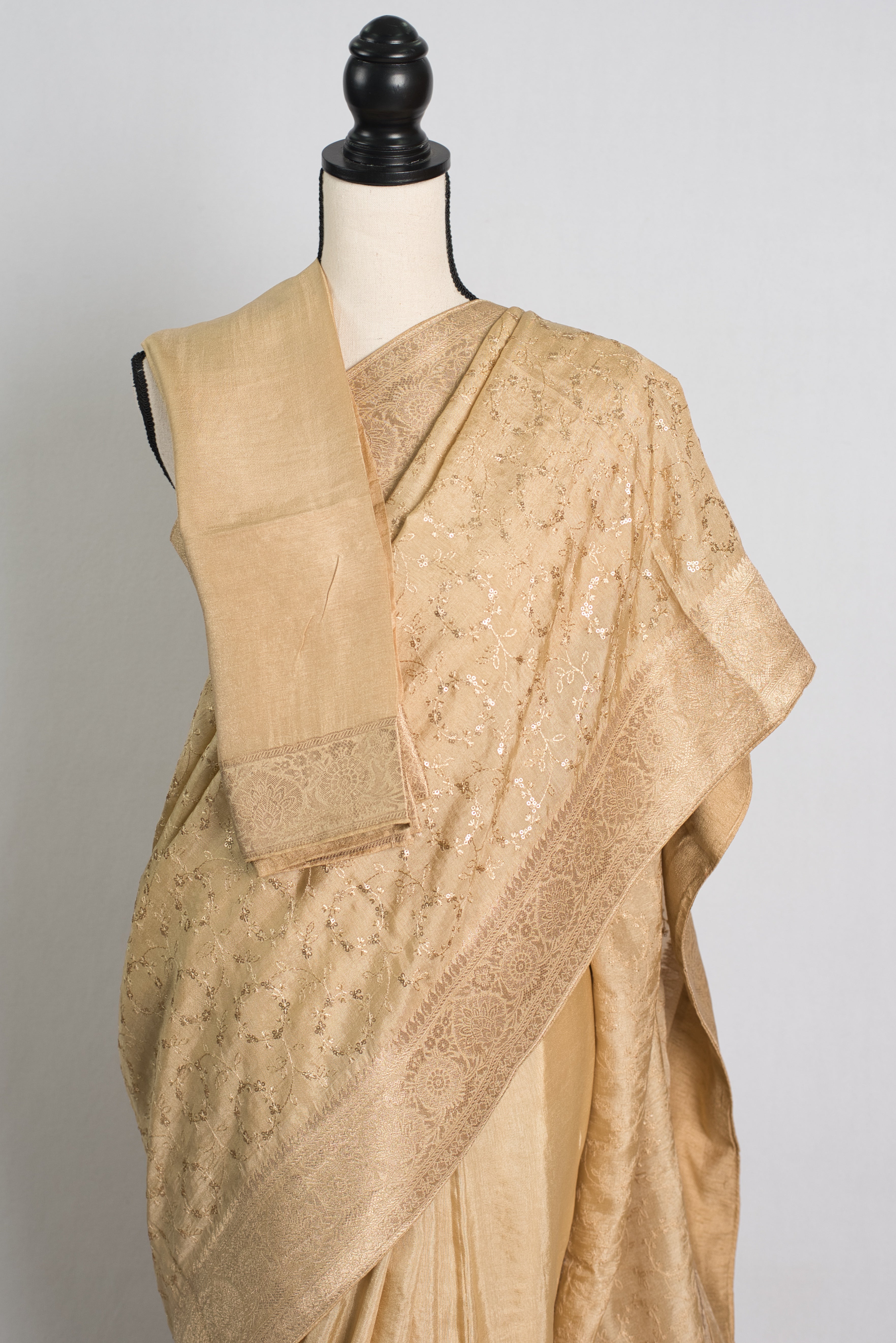 Beige and Gold Embroidery Dola Silk Cocktail Saree
