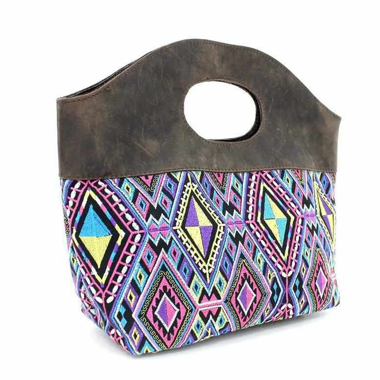 Geometric Handle Embroidered Leather Bag - Thailand