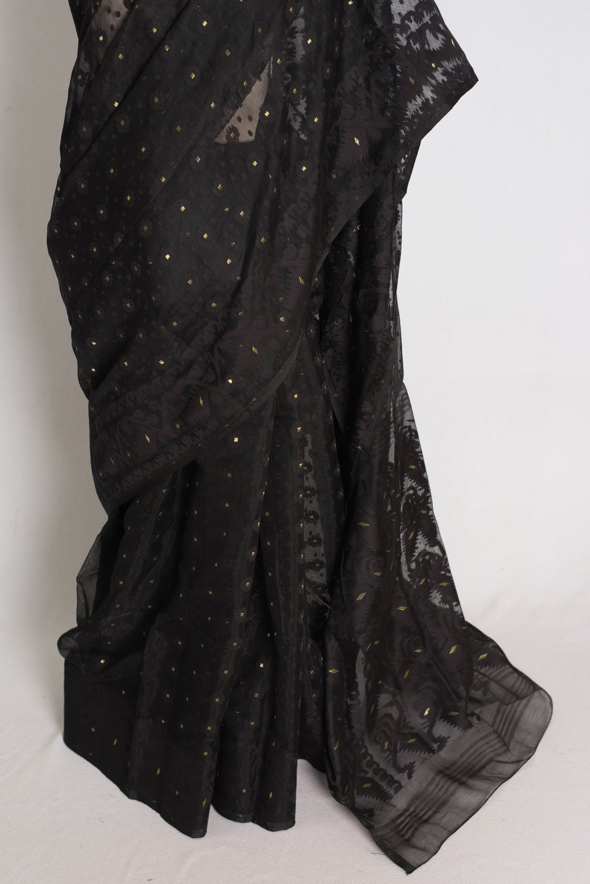 Koli : Midnight Black and Gold Soft Blended Cotton Bengali Jamdani Saree