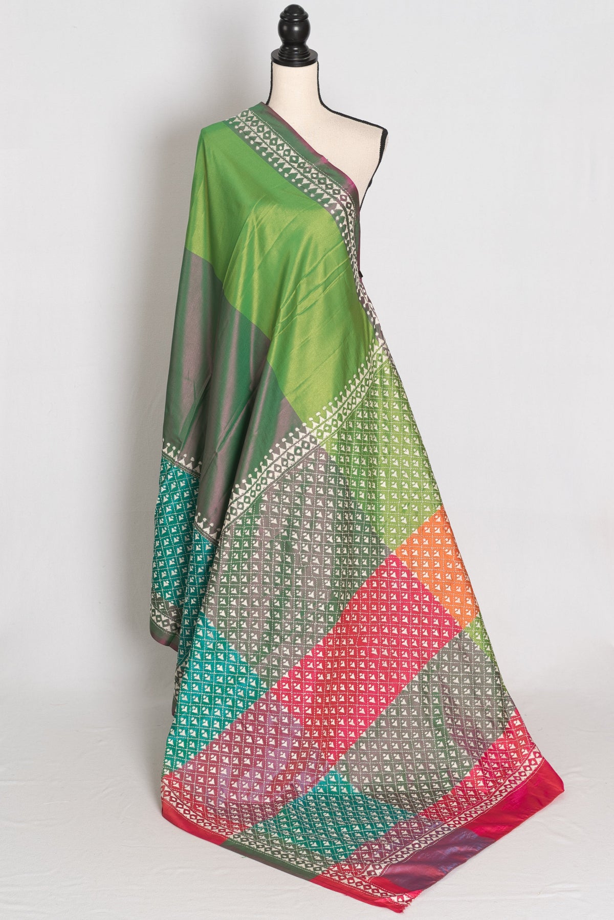Damini : Green Semi Silk Kantha Embroidery Saree with 42 Size Stitched Blouse
