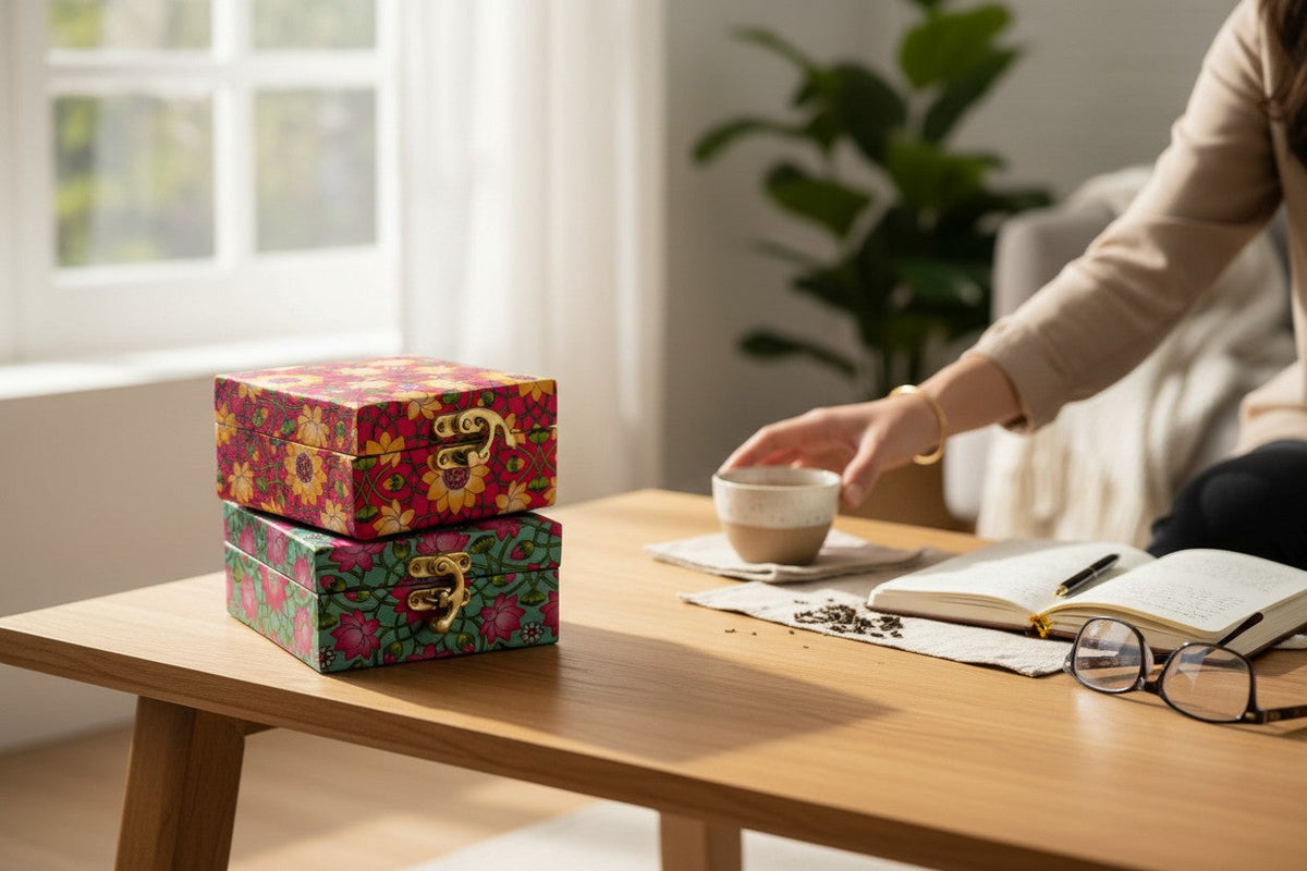 Lotus Print Gift Boxes - Set of 3 - Perfect To Pack Small Gifts Like Diya, Jewelry, Prasad