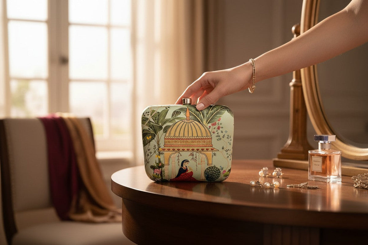 Designer Clutch with Women in Traditional Attire Sitting in a Domed Pavilion