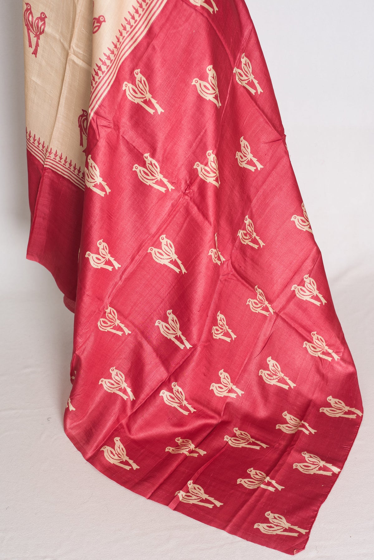 Mahi : Cream and Pink Bird Block Printed Tussar Silk Saree with 38 Size Blouse