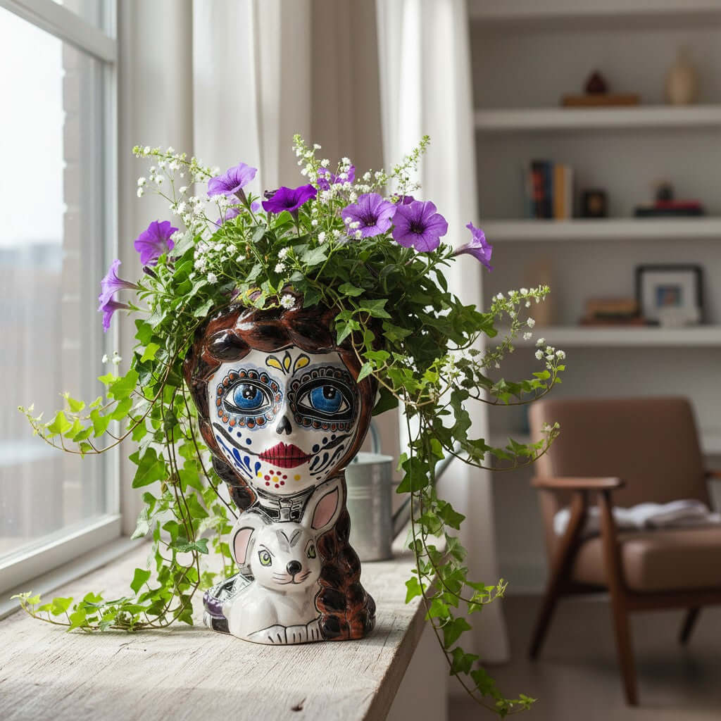 Day of the Dead Lady & Bunny Planter | Hand-Painted Talavera Pot