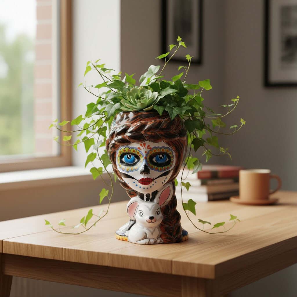 Day of the Dead Lady & Bunny Planter | Hand-Painted Talavera Pot