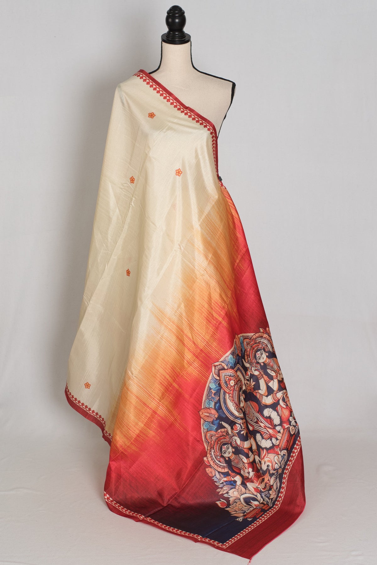 Durga: Cream and Red Semi Silk Printed Durga Puja Saree