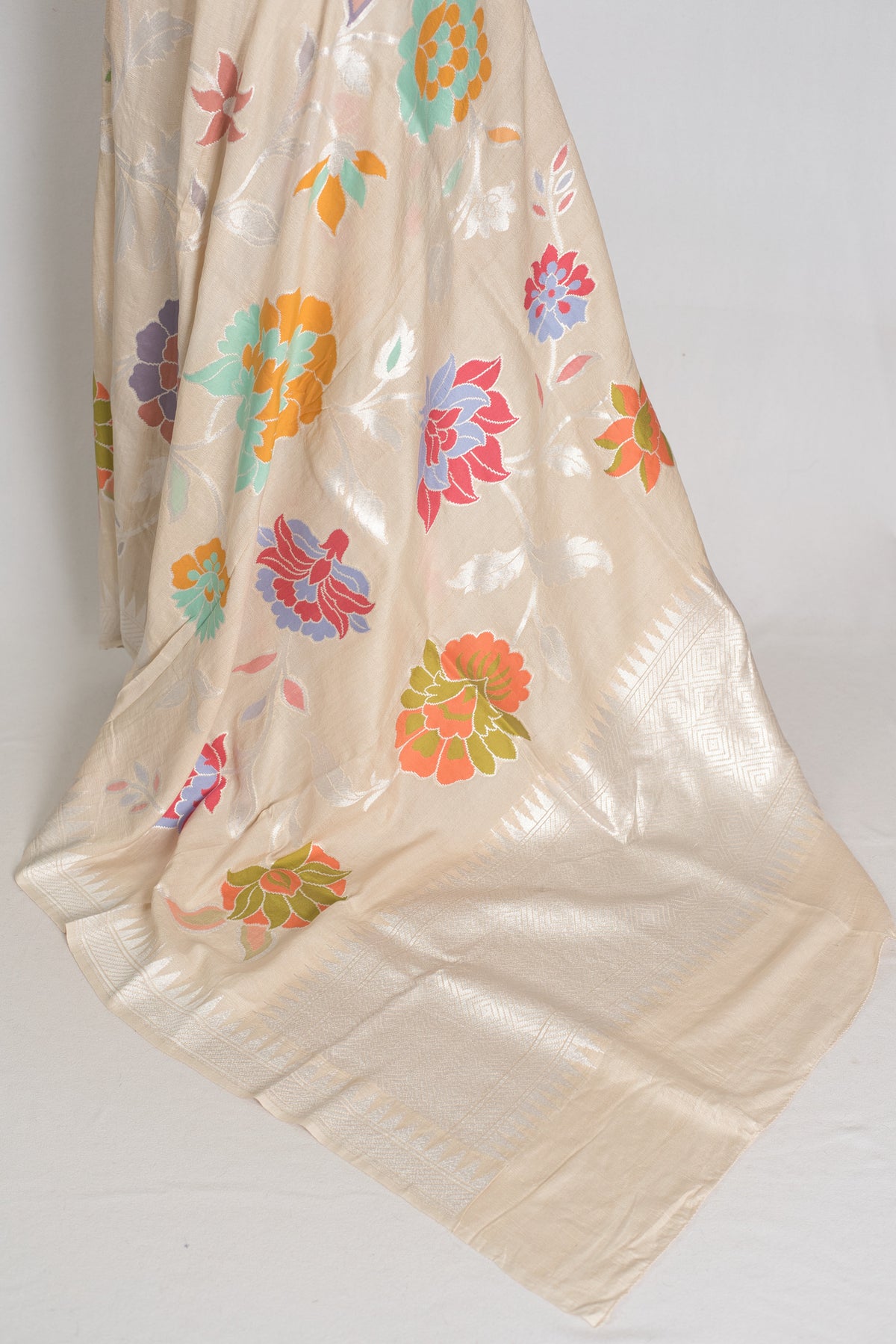 Naaz : Beige Tussar Georgette Banarasi Saree with 38 Size Stitched Blouse