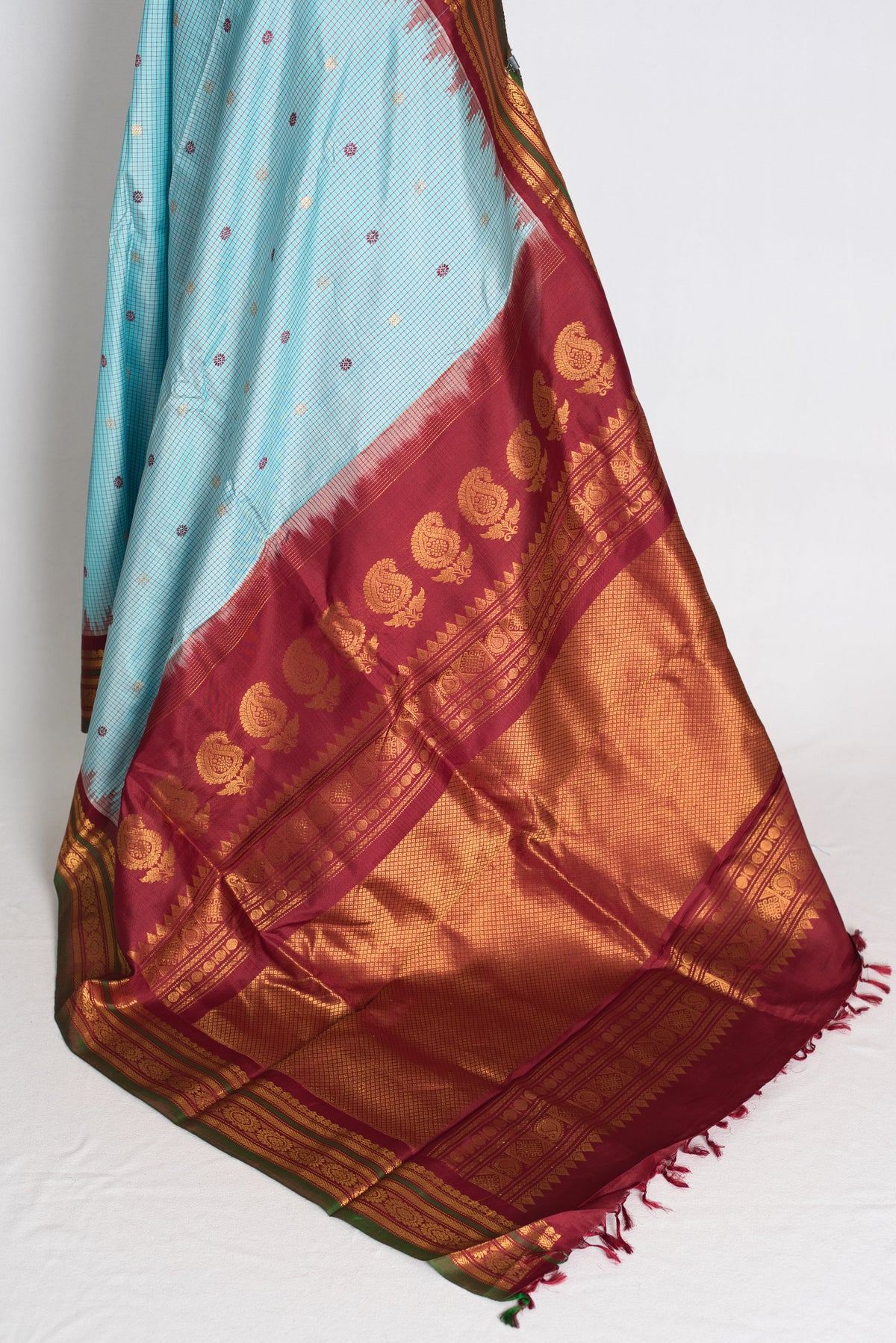 Naheed : Sky Blue and Maroon Micro Checks Handloom Gadwal Silk Saree