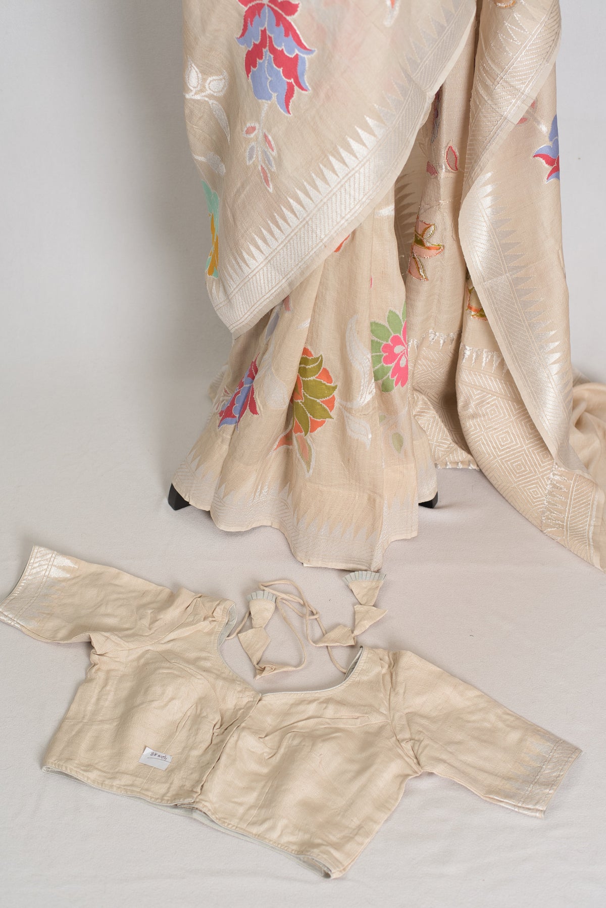Naaz : Beige Tussar Georgette Banarasi Saree with 38 Size Stitched Blouse