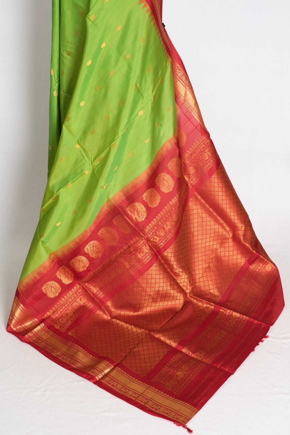 Nabanita : Parrot Green and Red Handwoven Pure Gadwal Silk Saree