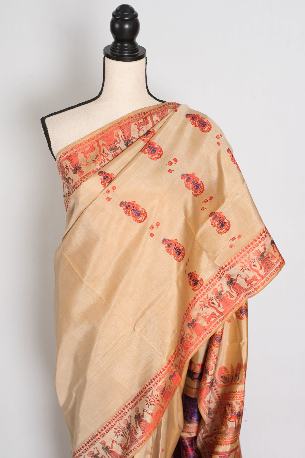 Bhromor | Beige & Orange Minakari Handwoven Baluchari Saree | 36 Size Blouse