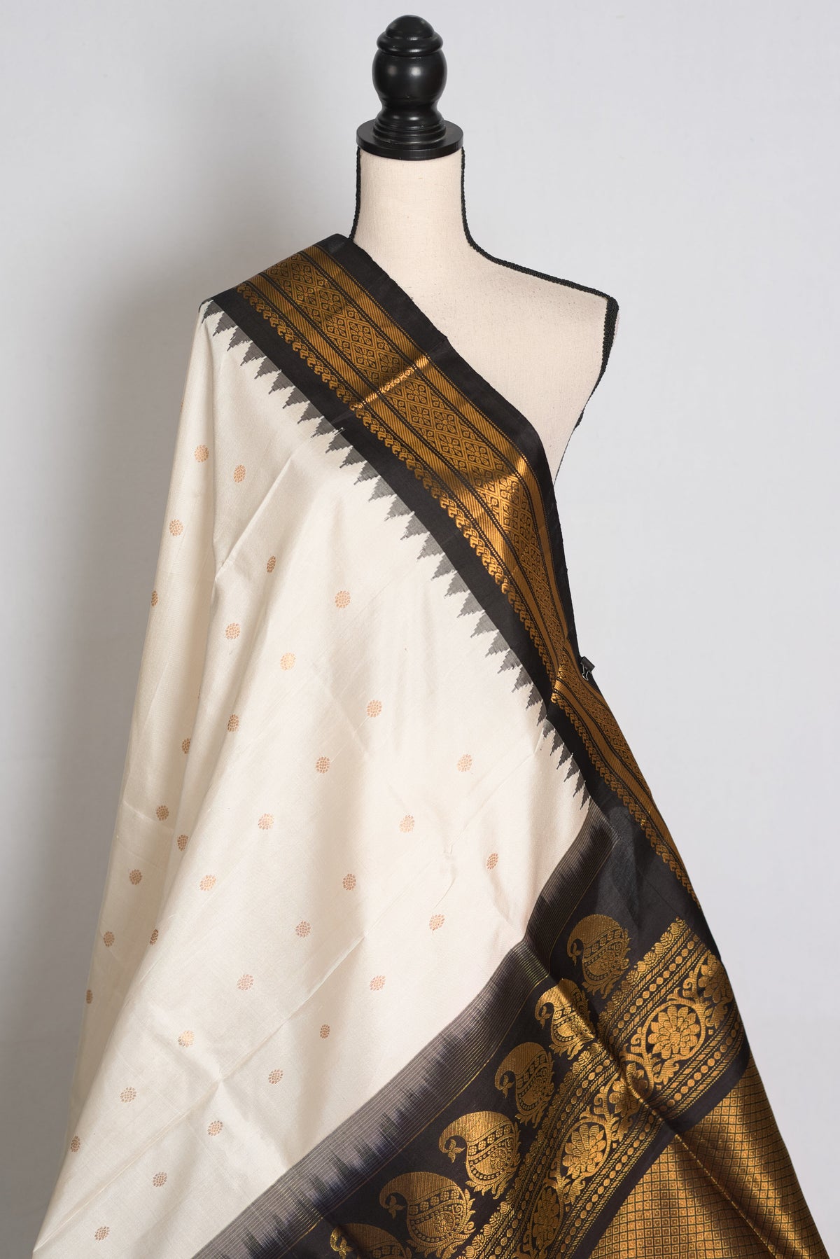 Sabina : Off White and Black Handwoven Gadwal Silk Saree with Gold Zari
