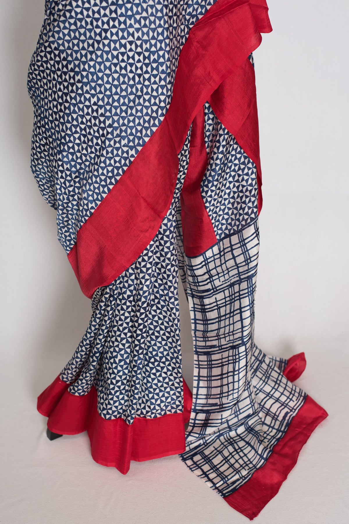 Arundhuti : Blue and Red Contemporary Hand Block Printed Murshidabad Silk Saree