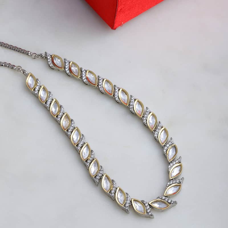 Designer Leaf Shaped Neckpiece In Dual Tone Kundan And American Diamonds