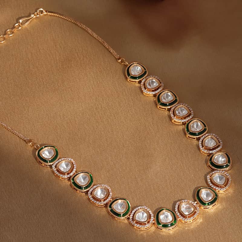 Designer Meenakari Kundan And Diamond Green and Golden Necklace