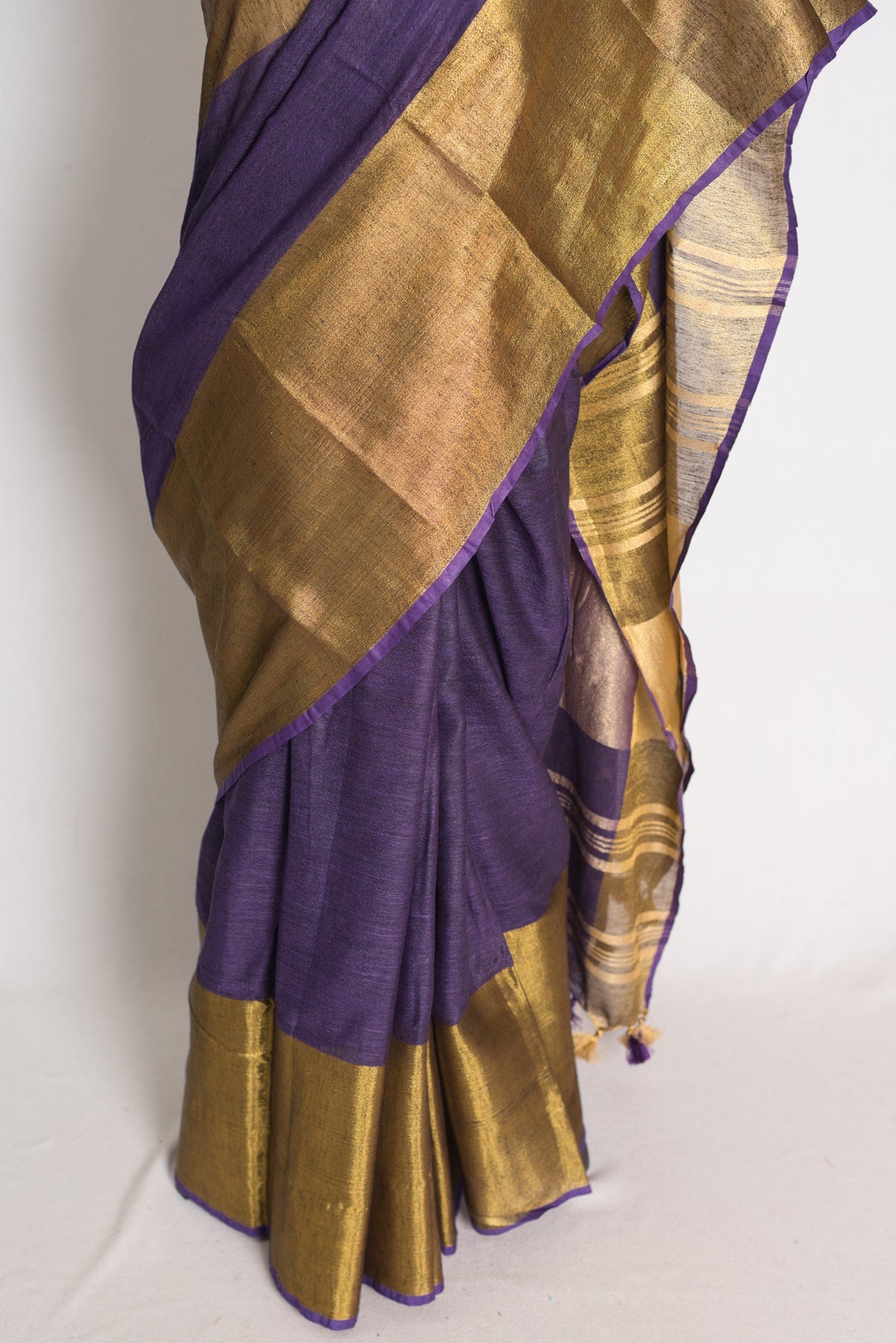 Sreya : Royal Purple Pure Linen Saree with Wide Antique Gold Zari Border