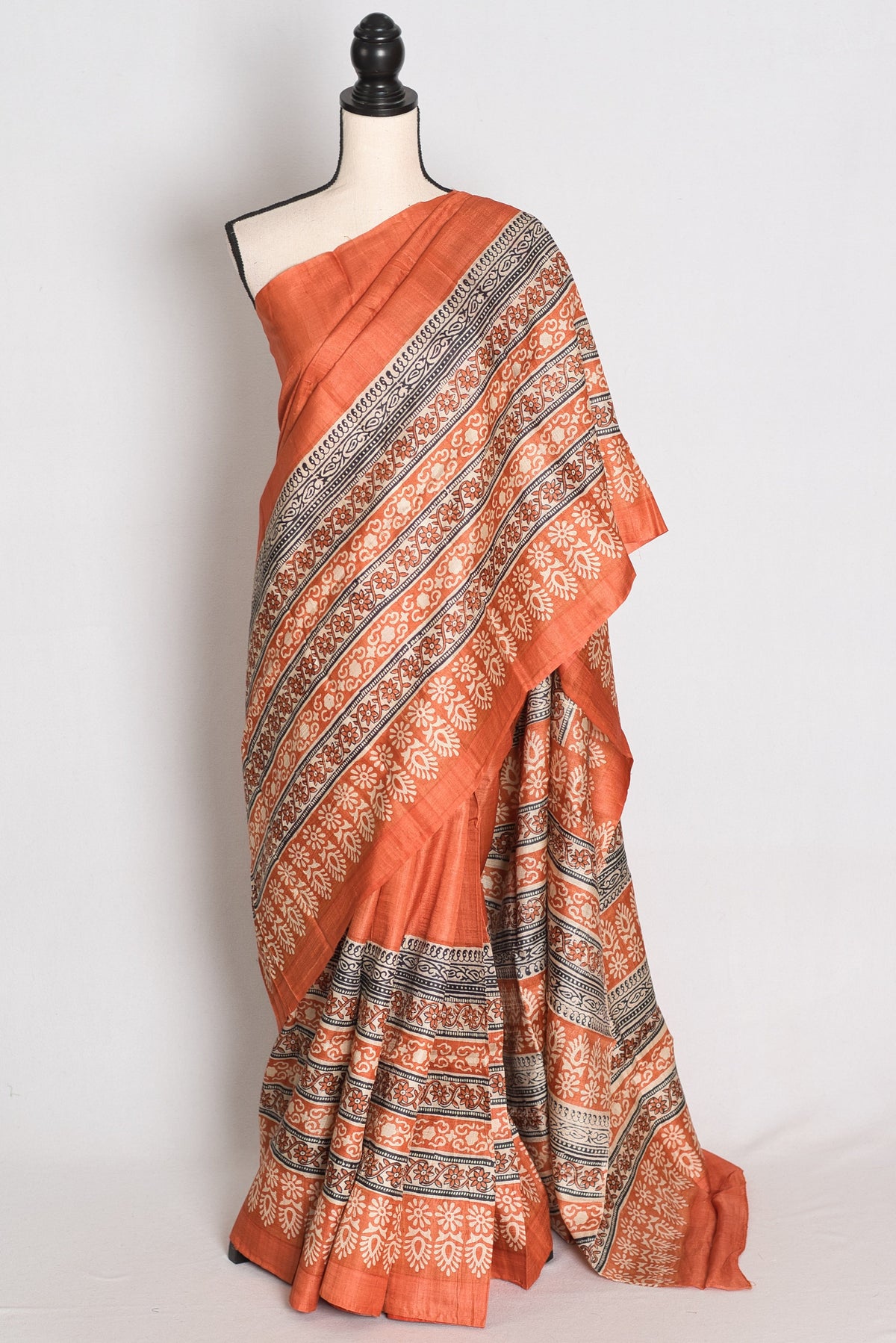 Indu : Orange Block Printed Pure Tussar Silk Saree with 38 Size Blouse
