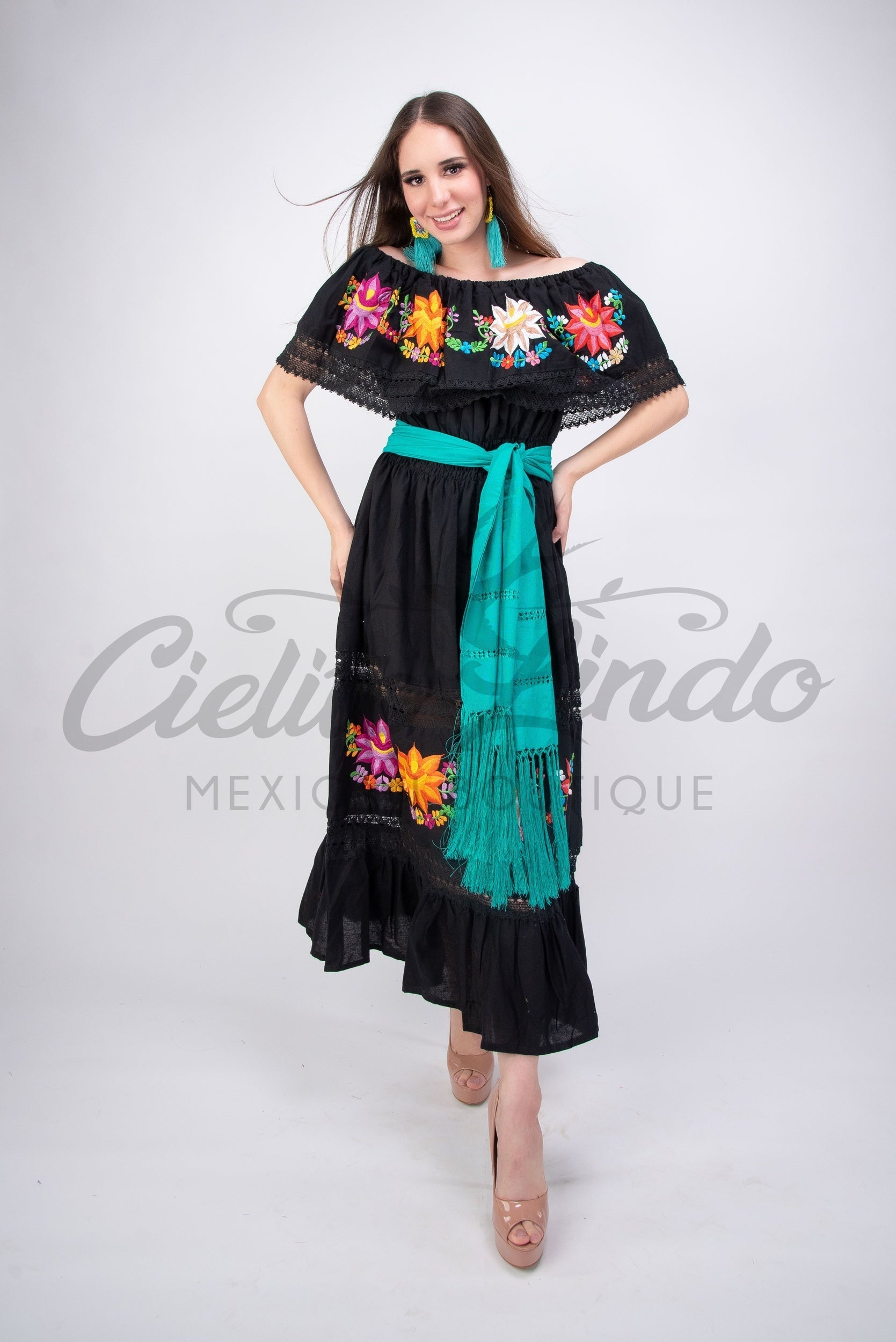 Mexican Luxury Campesino Fino Maxi Dress Black
