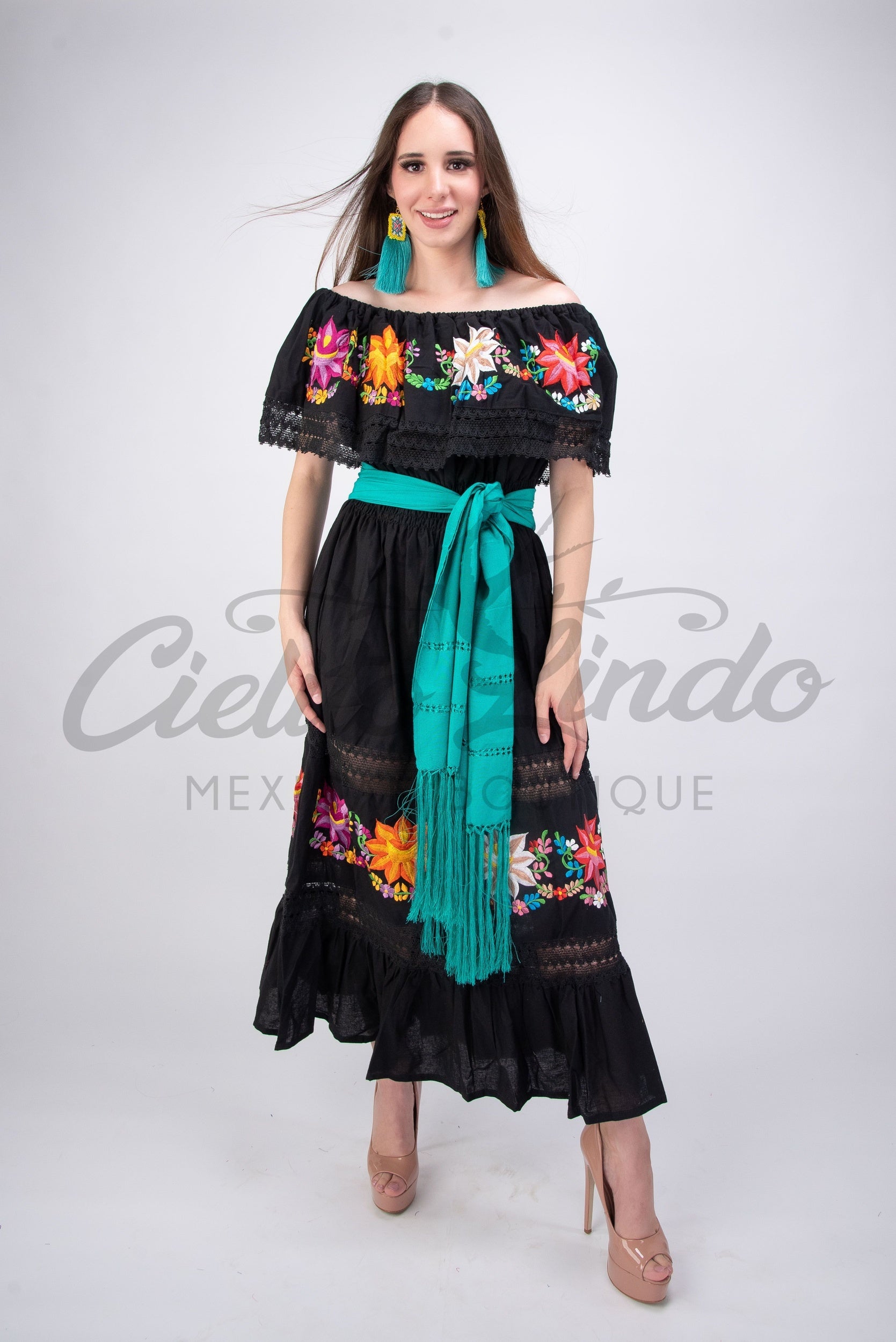 Mexican Luxury Campesino Fino Maxi Dress Black