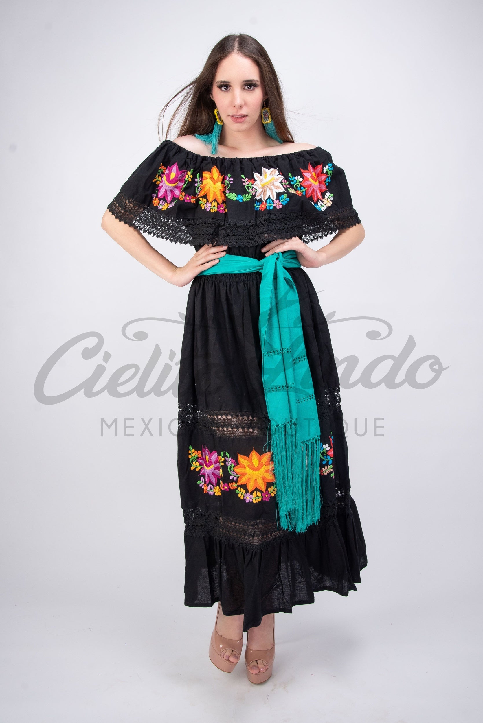 Mexican Luxury Campesino Fino Maxi Dress Black