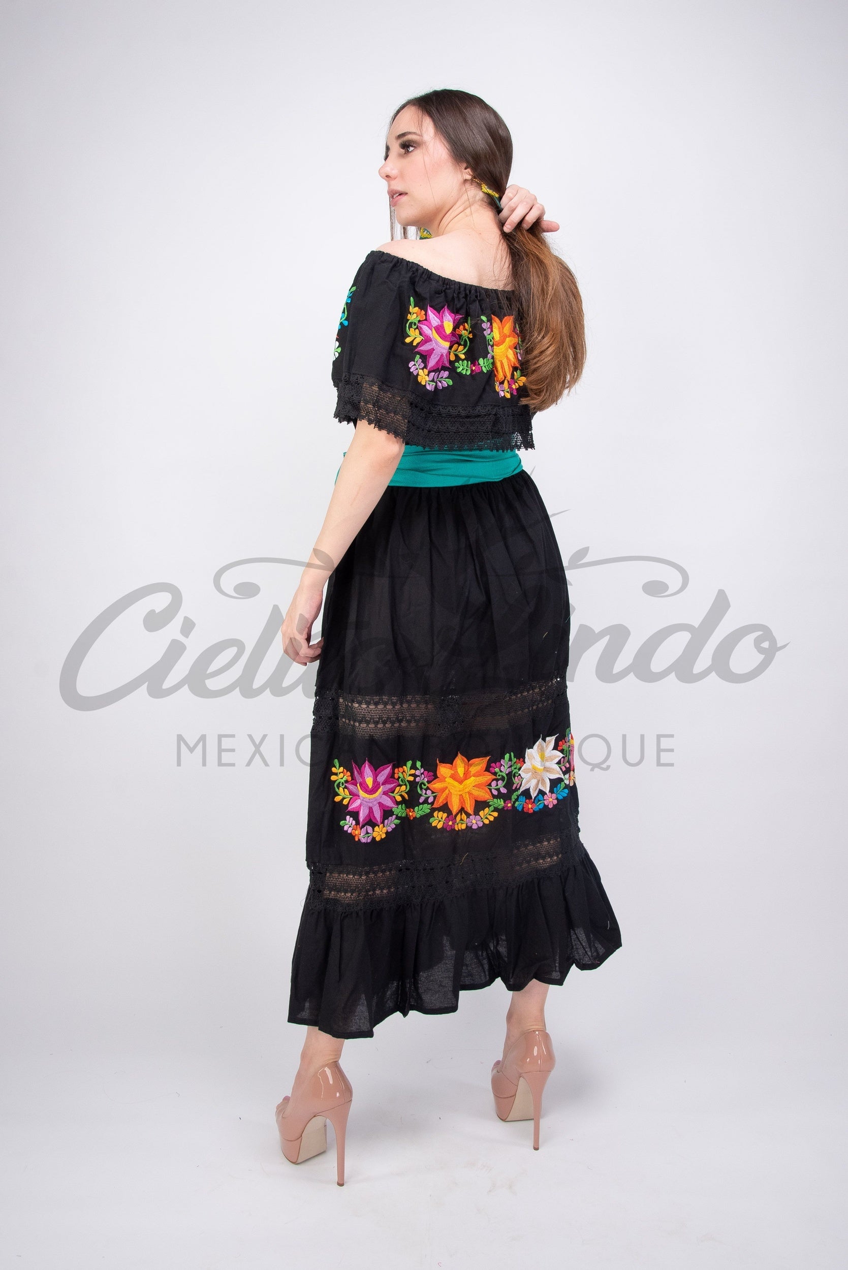 Mexican Luxury Campesino Fino Maxi Dress Black