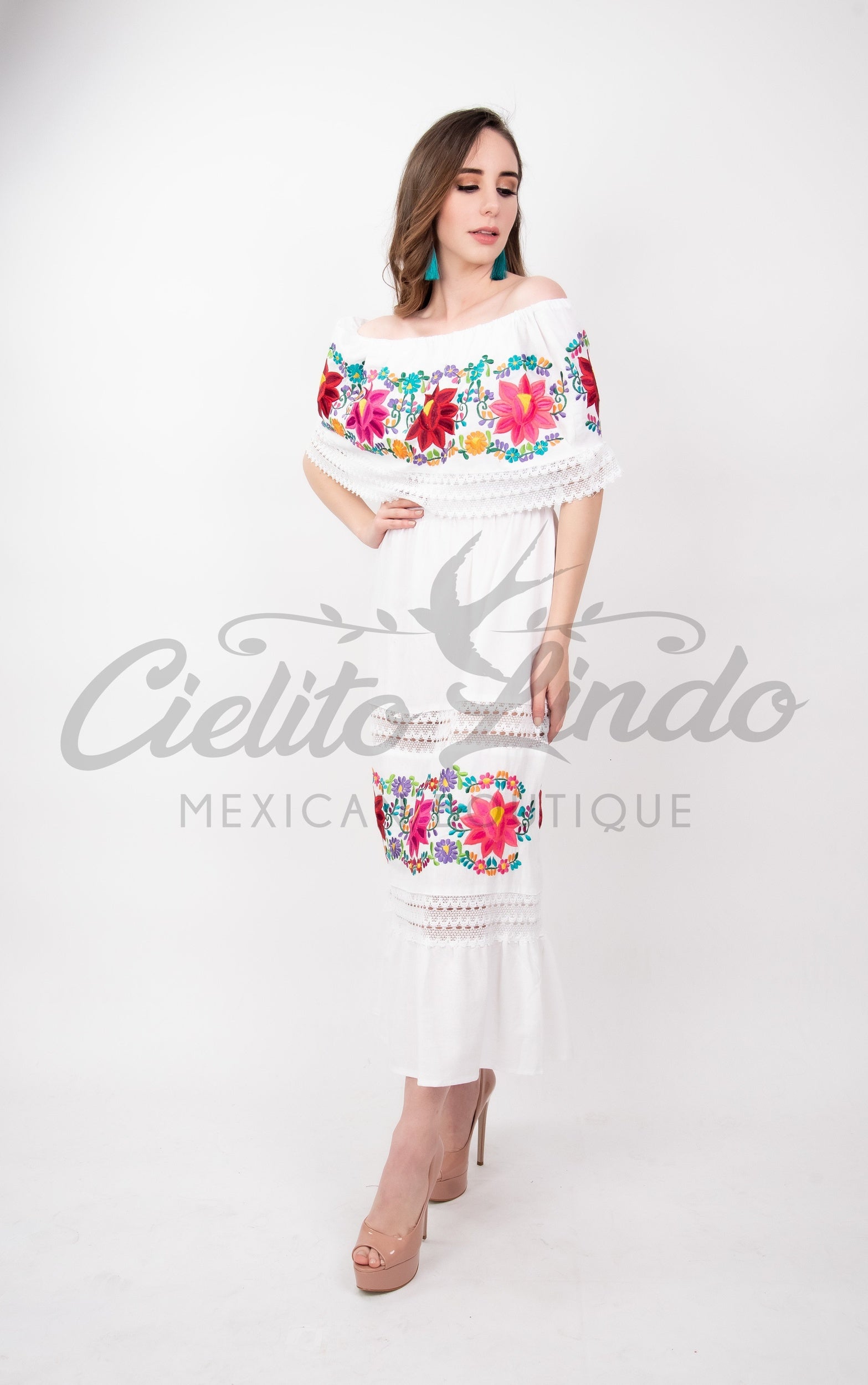 Mexican Luxury Fino Campesino Maxi Dress White
