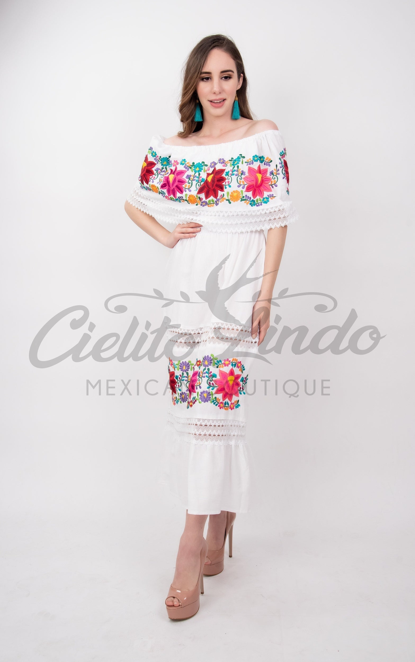 Mexican Luxury Fino Campesino Maxi Dress White