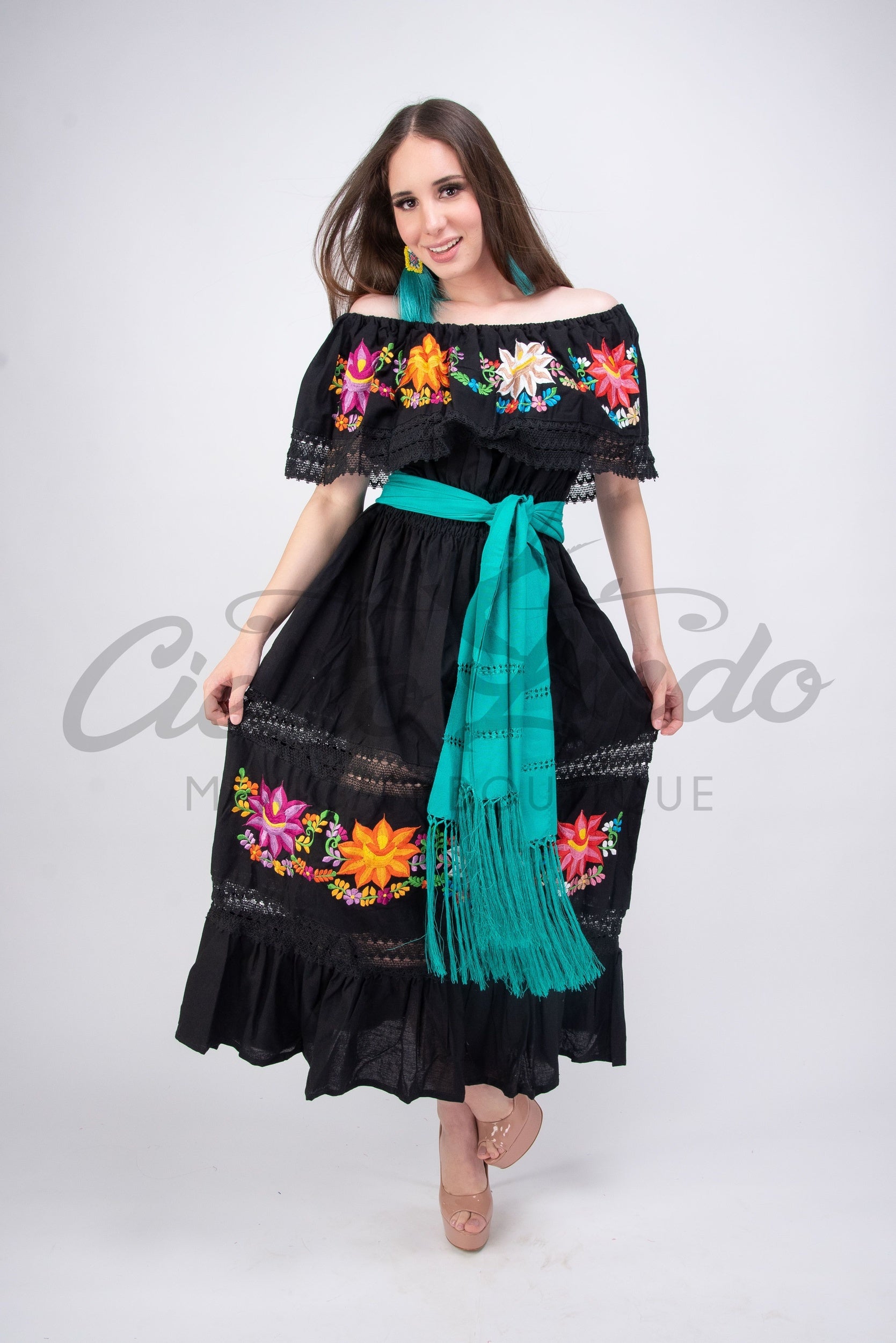 Mexican Luxury Campesino Fino Maxi Dress Black