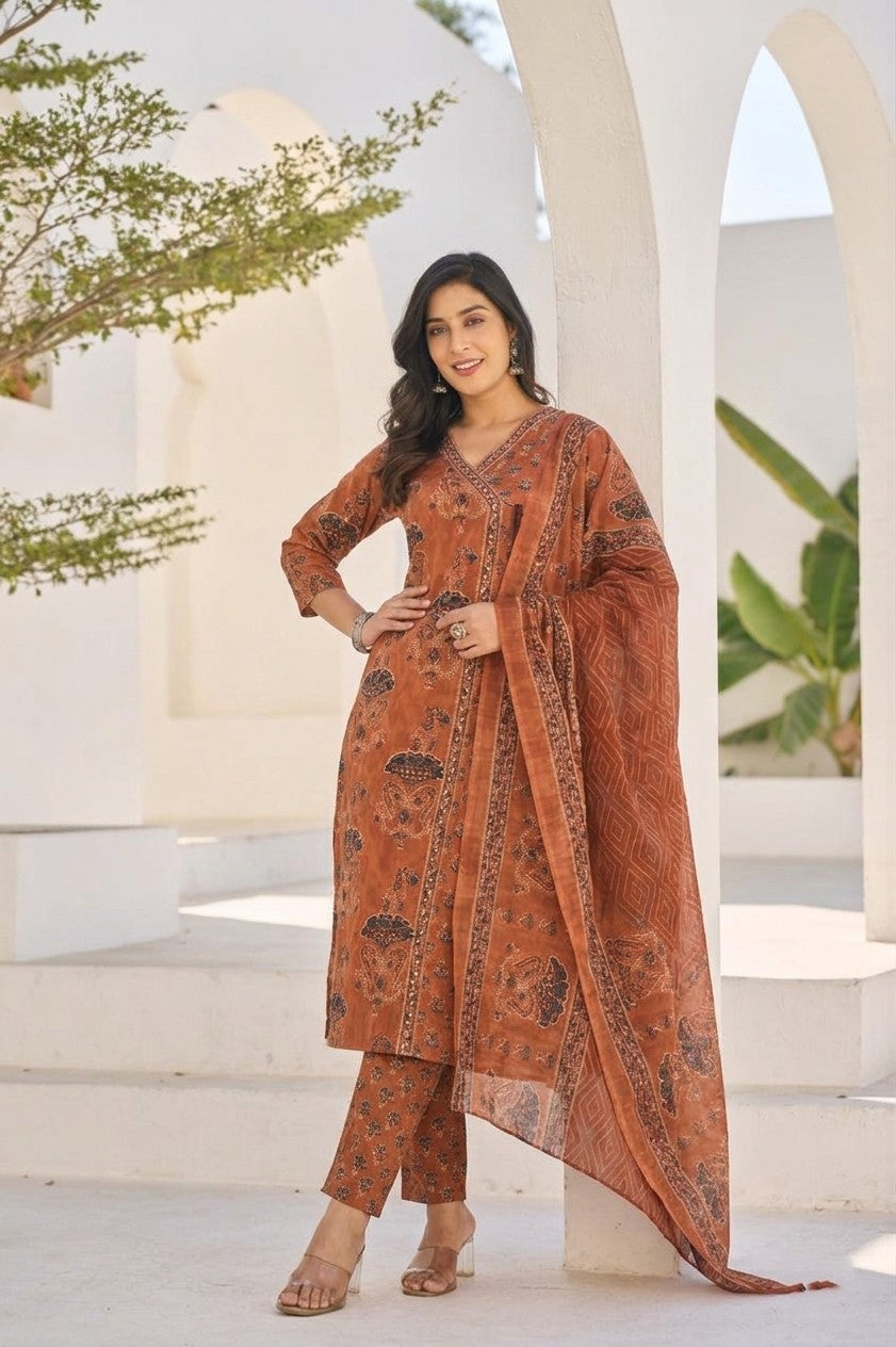 Be Unique Wear Brand Traditional Rust Cotton Printed 3-Piece Kurta Set for Women