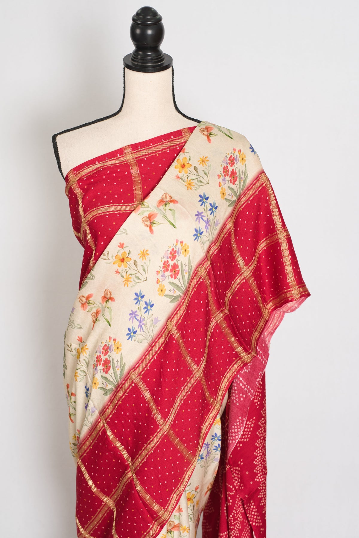 Mehuli | Cream & Rosy Red Modal Silk Saree | Gharchola & Bandhani Print