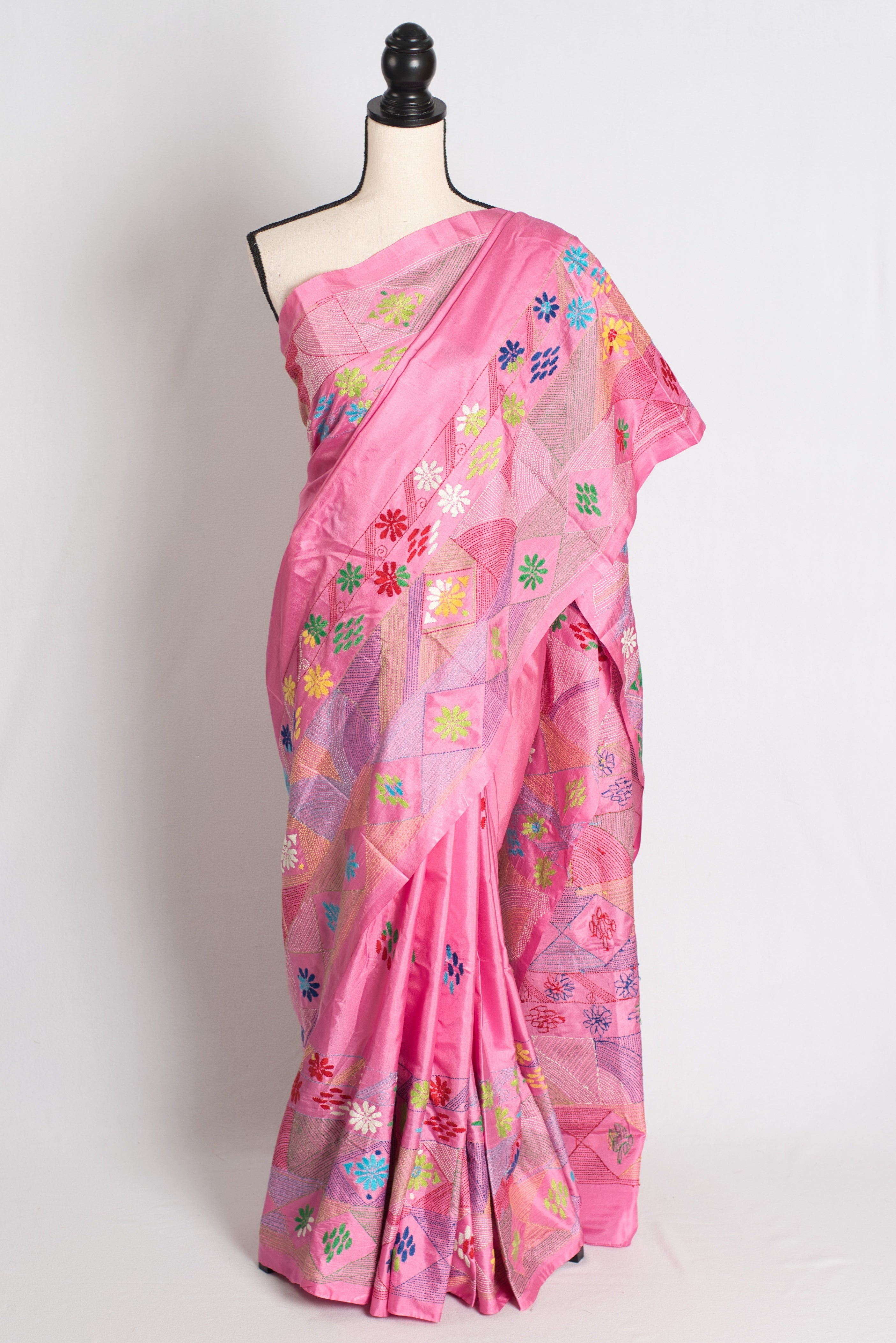 Amira : Pink Blended Silk Saree with Hand Embroidery Lambani Work Saree
