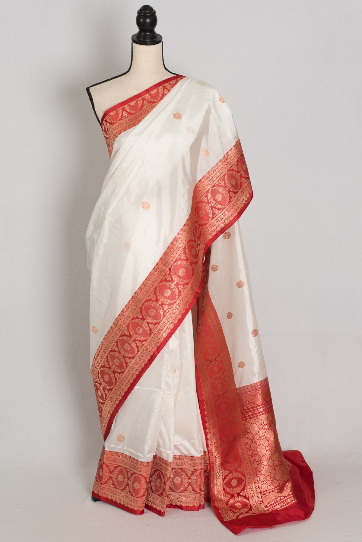 Shreya : White and Red Handwoven Katan Silk Banarasi Saree | Silk Mark Certified