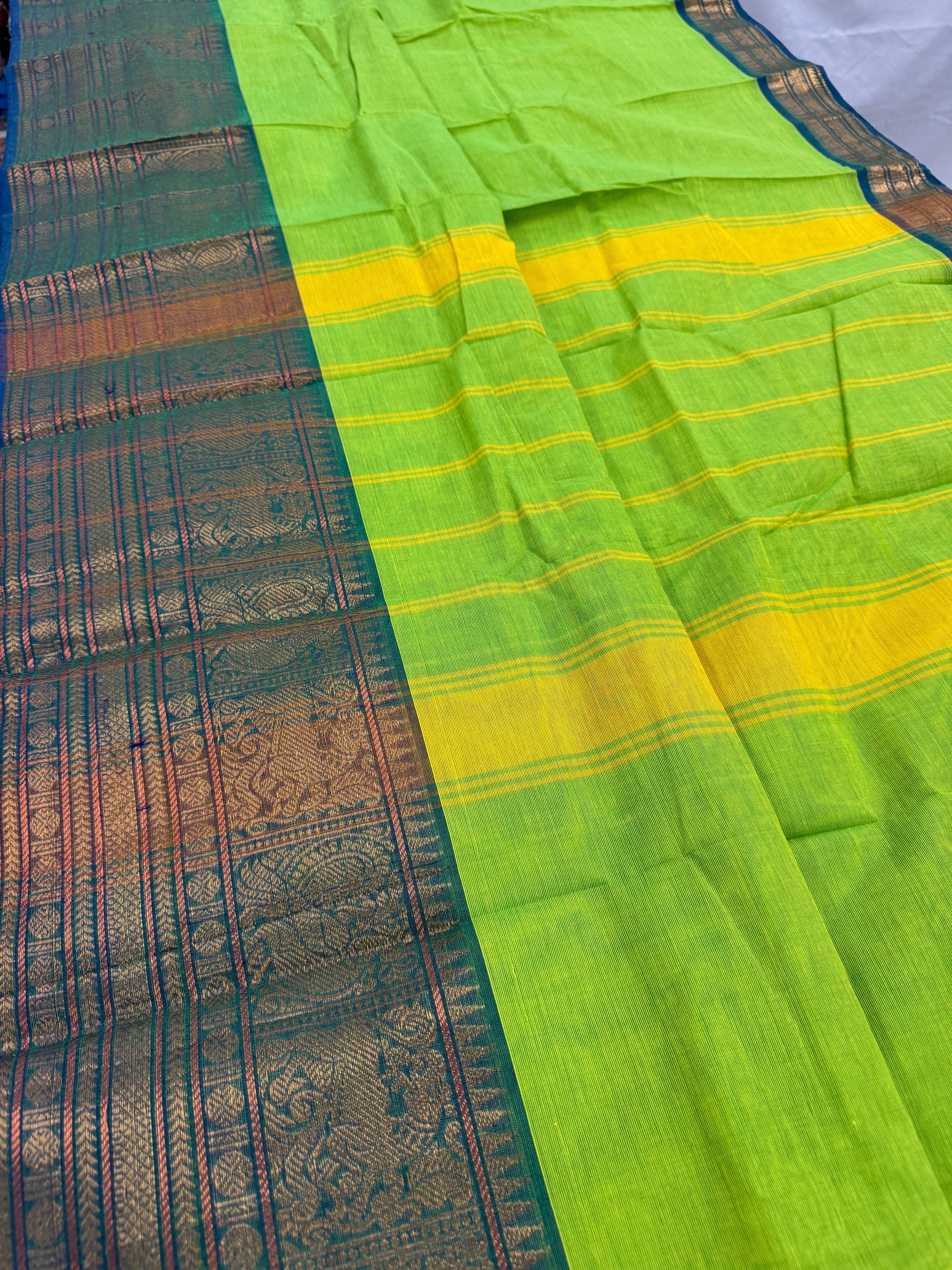 Nalini : Handwoven Kanchi Cotton Saree in Bright Green and Blue