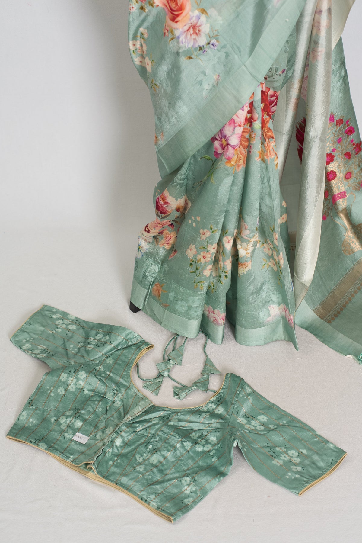 Soma : Sea Green Floral Banarasi Katan Silk Saree with 40 Size Stitched Blouse