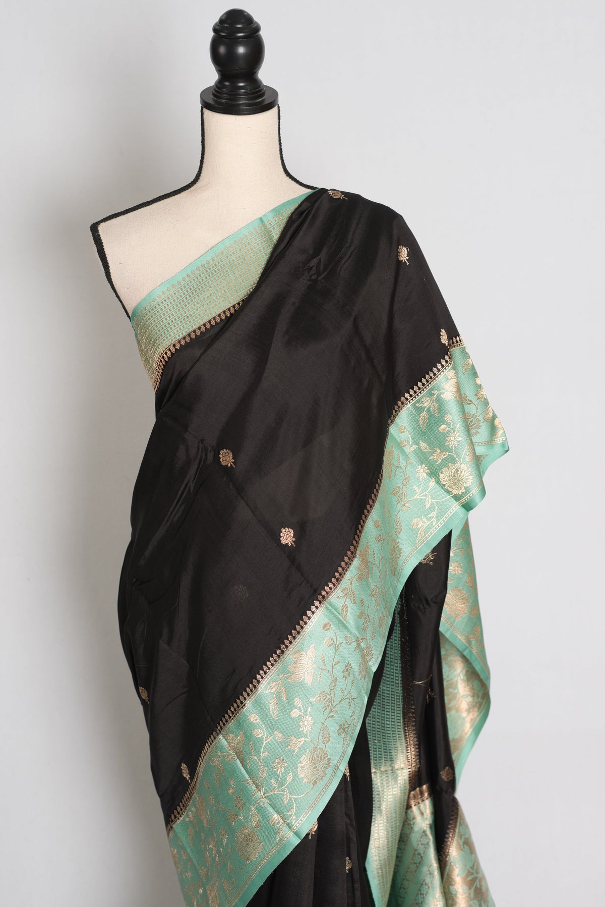 Jyothi : Jet Black & Pastel Sea Green Pure Satin Silk Banarasi Saree